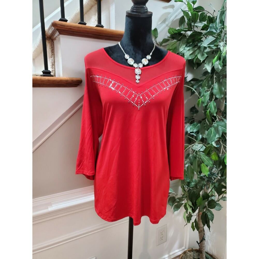 Suzie In The City Womens Solid Red Polyester Cold Shoulder Sleeve Blouse Size 2X